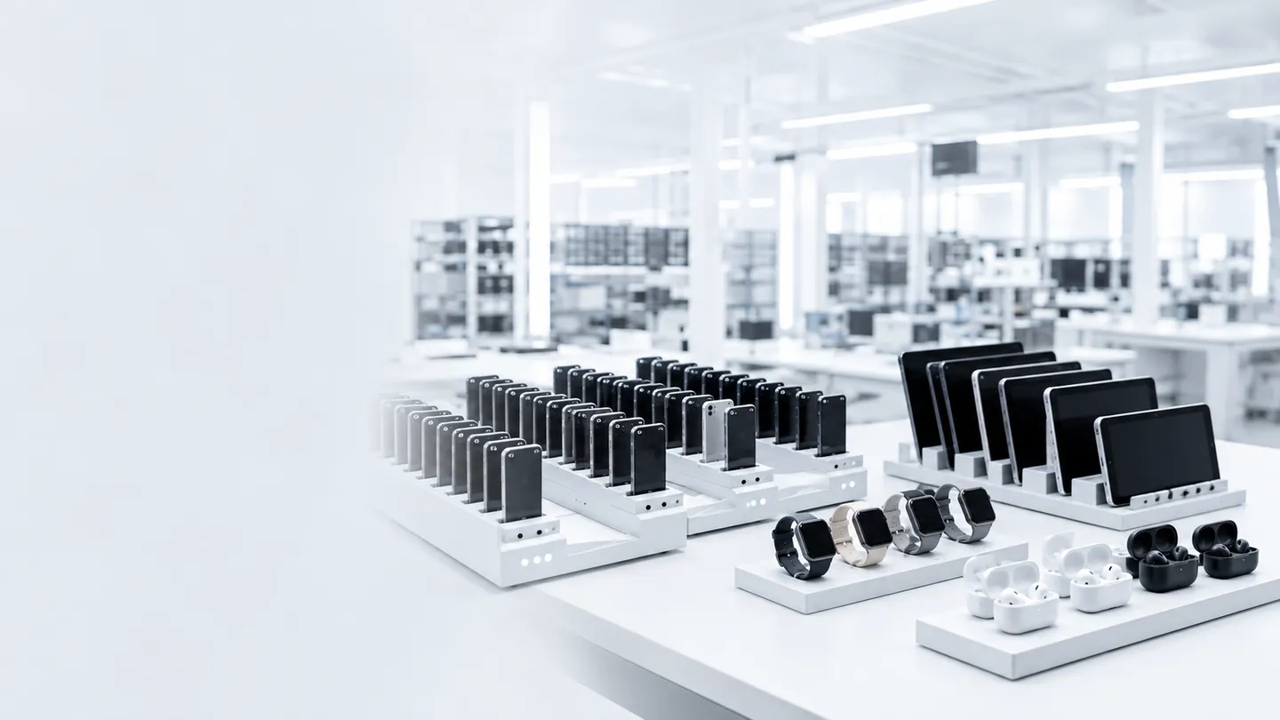 Rows of handsets seated in docking racks on a white bench, with tablets on a stand and smartwatches and earbuds beside them