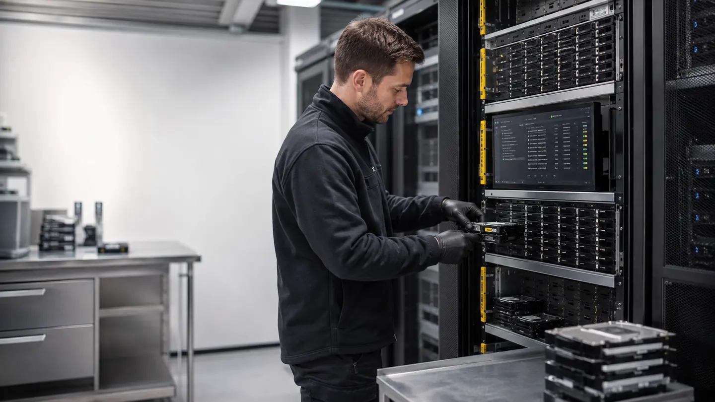 A drive being hot-plugged into a multi-slot wiping server, with per-slot status on the rack monitor
