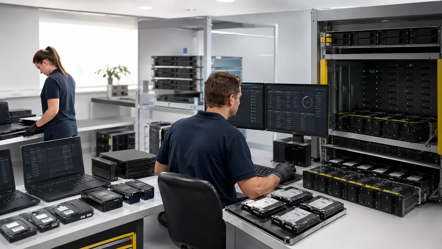 A multi-slot wiping chassis beside a dual-monitor operator console
