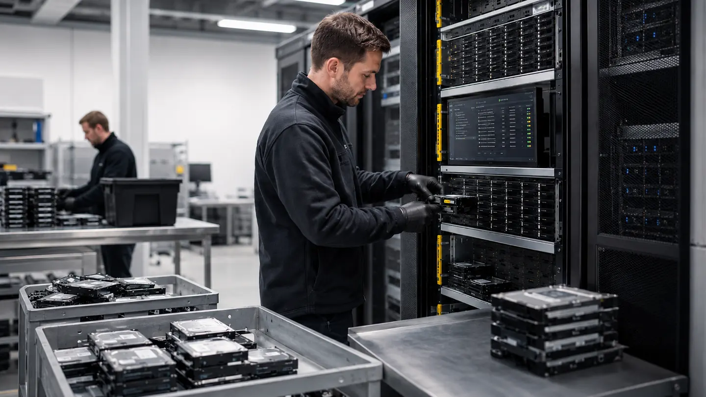 Trolleys of loose hard drives beside a multi-slot wiping server