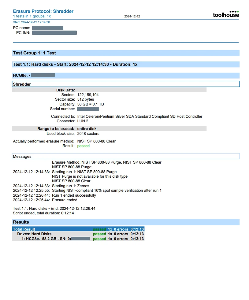 An erasure protocol showing disk data, the performed erasure method NIST SP 800-88 Clear, a message log and a passed result