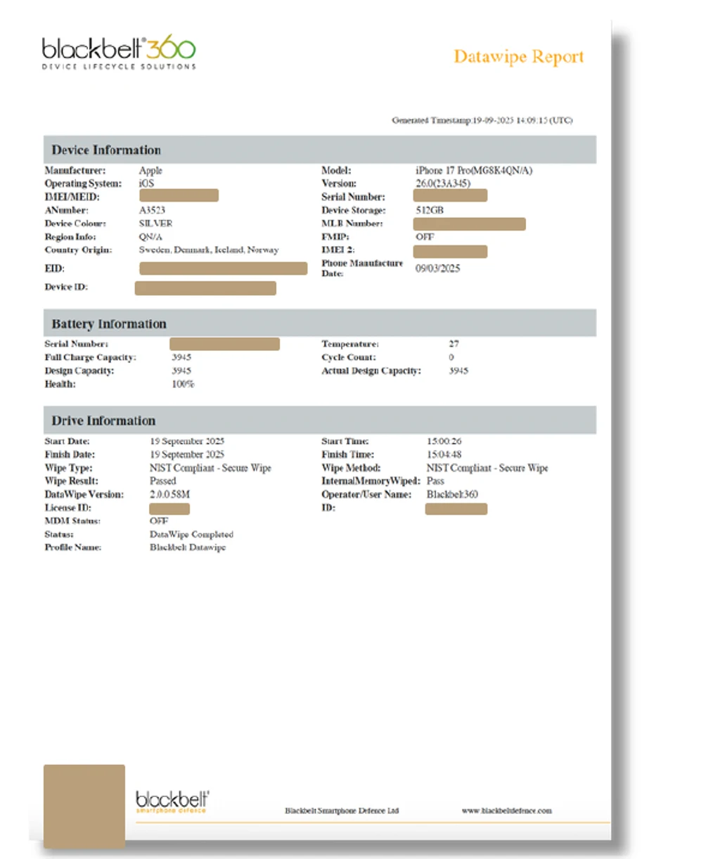 A Blackbelt360 Datawipe report listing device information, battery information and drive information with a passed wipe result