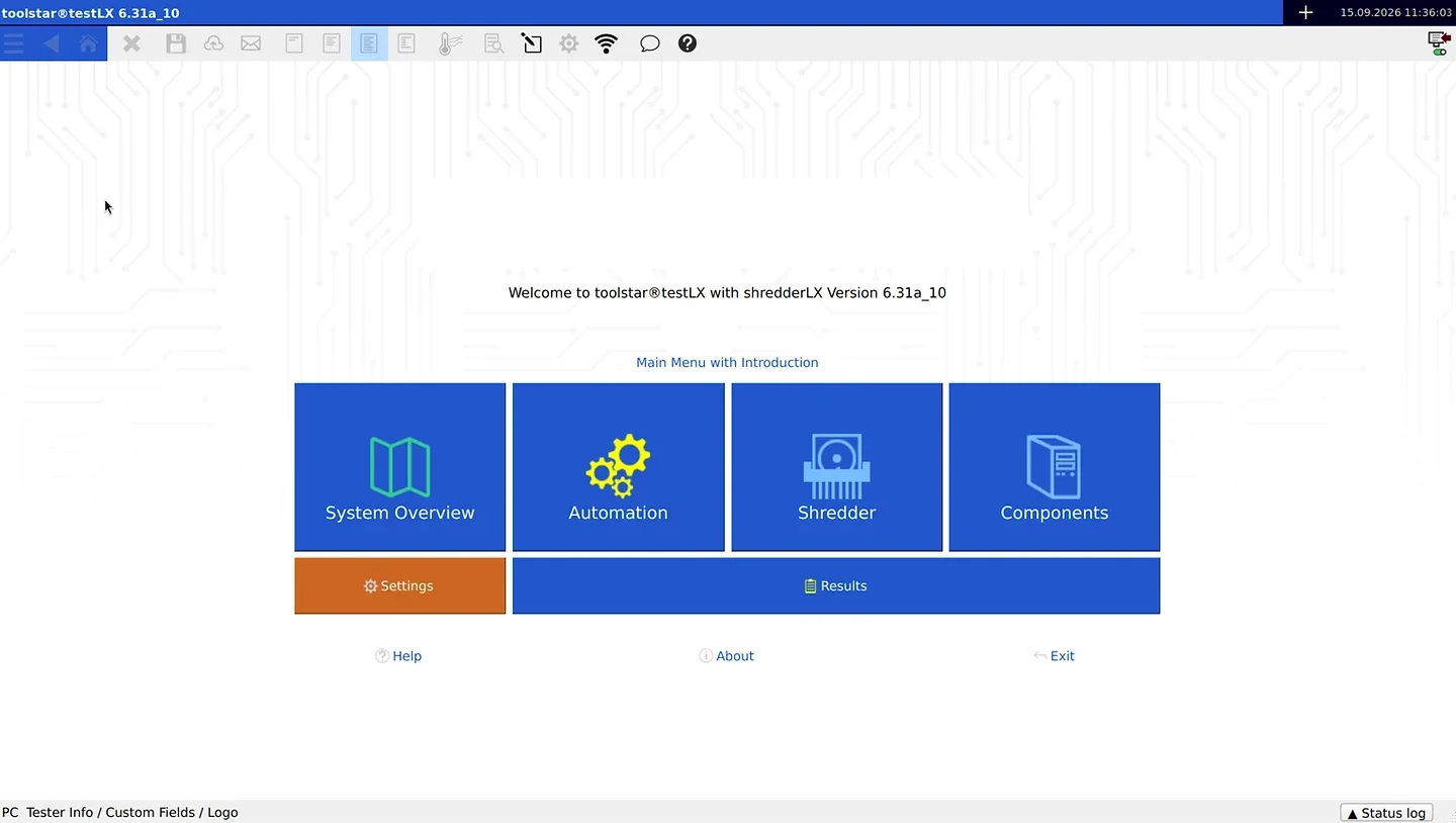 The toolstar testLX main menu, offering system overview, automation, shredder, components, settings and results