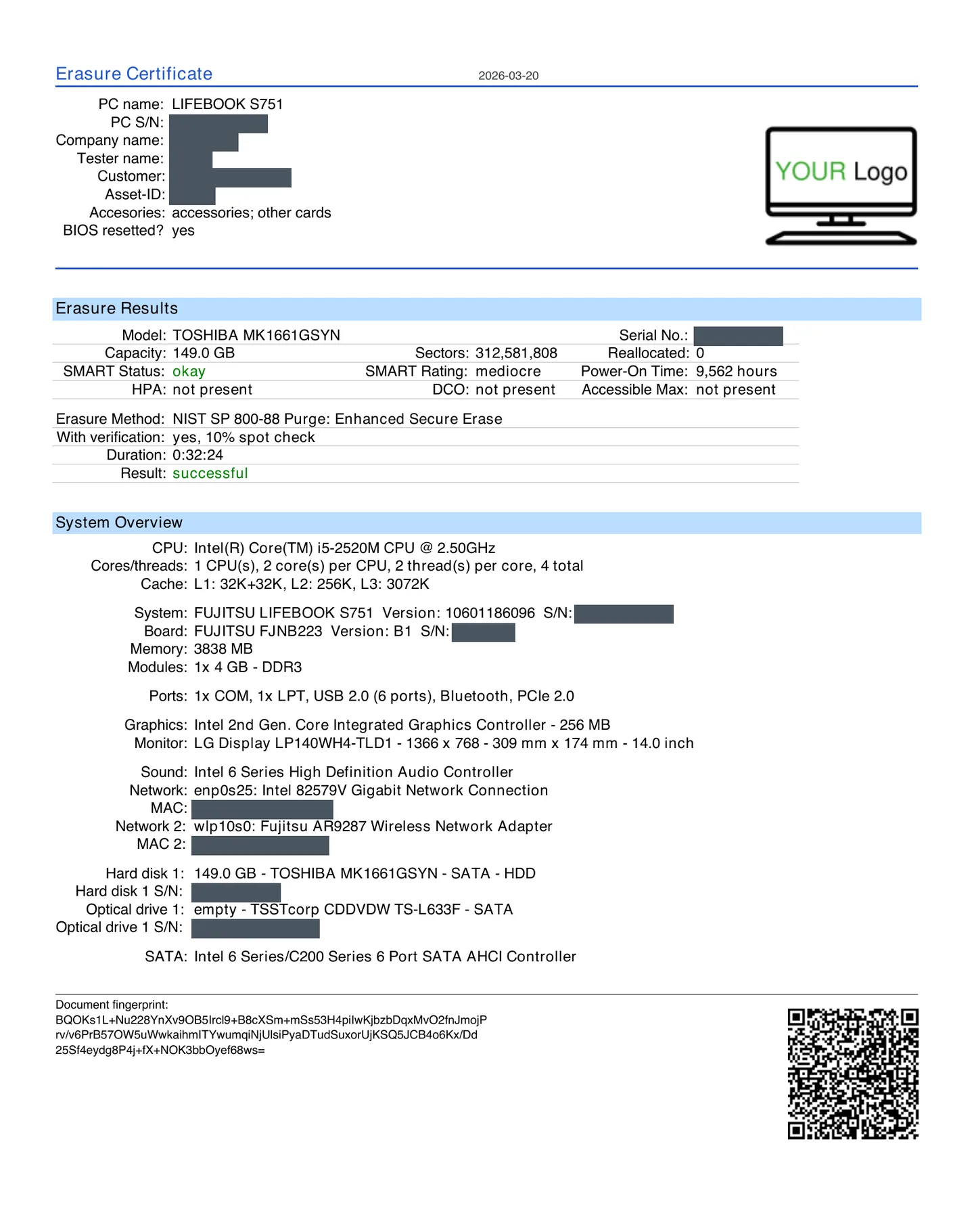 A toolstar erasure certificate showing device fields, drive model, the NIST SP 800-88 Purge method, verification and a successful result