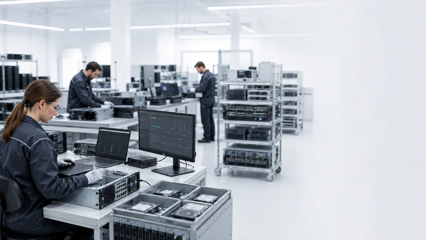 Un reparto di lavorazione con carrelli di hardware pronti per l'accettazione